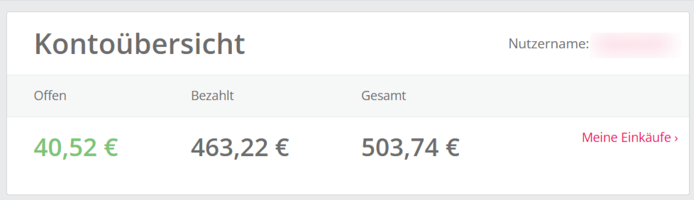 TopCashback Kontoübersicht mit insgesamt 503,74 Euro Cashback